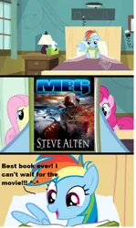 Size: 612x1028 | Tagged: bed, edit, edited screencap, fluttershy, hospital bed, megalodon, meg: a novel of deep terror, meme, pinkie pie, rainbow dash, reading rainbow, read it and weep, safe, screencap, shark, steve alten