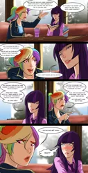 Size: 2480x4900 | Tagged: safe, artist:smilingdogz, derpibooru import, rainbow dash, twilight sparkle, human, comic:thousand lights, blushing, book, coffee cup, comic, cup, duo, female, humanized, lesbian, police officer, ponytail, speech bubble, twidash, woman
