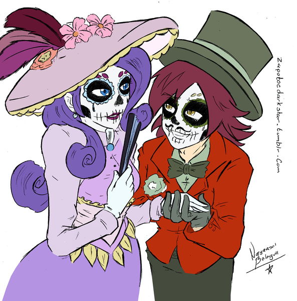 Size: 2126x2151 | Tagged: artist:nayaasebeleguii, background human, colored, dapper, derpibooru import, dia de los muertos, female, hat, human, humanized, makeup, male, /mlp/, normal norman, rarity, safe, shipping, straight, top hat