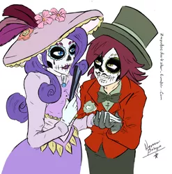 Size: 2126x2151 | Tagged: artist:nayaasebeleguii, background human, colored, dapper, derpibooru import, dia de los muertos, female, hat, human, humanized, makeup, male, /mlp/, normal norman, rarity, safe, shipping, straight, top hat