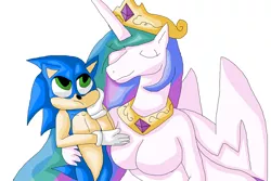 Size: 4200x2804 | Tagged: suggestive, artist:mojo1985, derpibooru import, princess celestia, anthro, breasts, crossover, featureless breasts, female, interspecies, male, shipping, simple background, soniclestia, sonic the hedgehog, sonic the hedgehog (series), straight