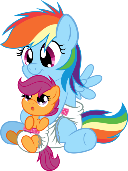Size: 2999x4012 | Tagged: safe, artist:fallingferret, artist:fillyscoots42, derpibooru import, rainbow dash, scootaloo, absurd resolution, cute, cutealoo, dashabetes, diaper, filly, foal, poofy diaper, scootalove, younger