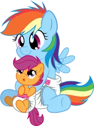 Size: 2999x4012 | Tagged: safe, artist:fallingferret, artist:fillyscoots42, derpibooru import, rainbow dash, scootaloo, absurd resolution, cute, cutealoo, dashabetes, diaper, filly, foal, poofy diaper, scootalove, younger
