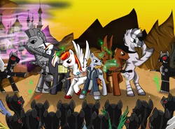 Size: 2040x1513 | Tagged: safe, artist:cloclo2388, derpibooru import, oc, oc:calamity, oc:littlepip, oc:steelhooves, oc:velvet remedy, oc:xenith, unofficial characters only, earth pony, pegasus, pony, unicorn, zebra, fallout equestria, fanfic, anti-machine rifle, anti-materiel rifle, applejack's rangers, armor, battle saddle, canterlot, clothes, colored hooves, cutie mark, dashite, enclave, fanfic art, female, floppy ears, fluttershy medical saddlebag, glowing horn, grand pegasus enclave, gun, handgun, hat, hooves, horn, levitation, little macintosh, magic, male, mare, medical saddlebag, optical sight, pink cloud (fo:e), pipbuck, power armor, revolver, rifle, saddle bag, spitfire's thunder, stallion, steel ranger, teeth, telekinesis, vault suit, weapon, wings