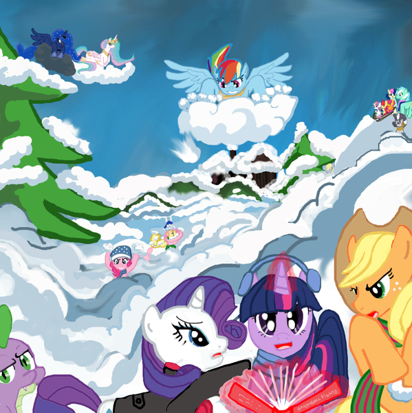 Size: 1105x1106 | Tagged: applejack, artist:lotusmist, bon bon, derpibooru import, fluttershy, lyra heartstrings, mane six, pinkie pie, princess celestia, princess luna, rainbow dash, rarity, safe, snow, spike, sweetie drops, twilight sparkle