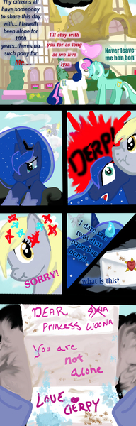 Size: 800x2500 | Tagged: safe, artist:lotusmist, derpibooru import, bon bon, derpy hooves, lyra heartstrings, princess luna, sweetie drops, pegasus, pony, comic, female, mare