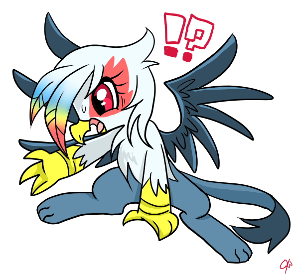 Size: 600x550 | Tagged: safe, artist:kyubi, derpibooru import, rainbow dash, gryphon, exclamation point, griffonized, interrobang, pixiv, question mark, rainbow griffon, simple background, solo, species swap, sweat, sweatdrop, white background