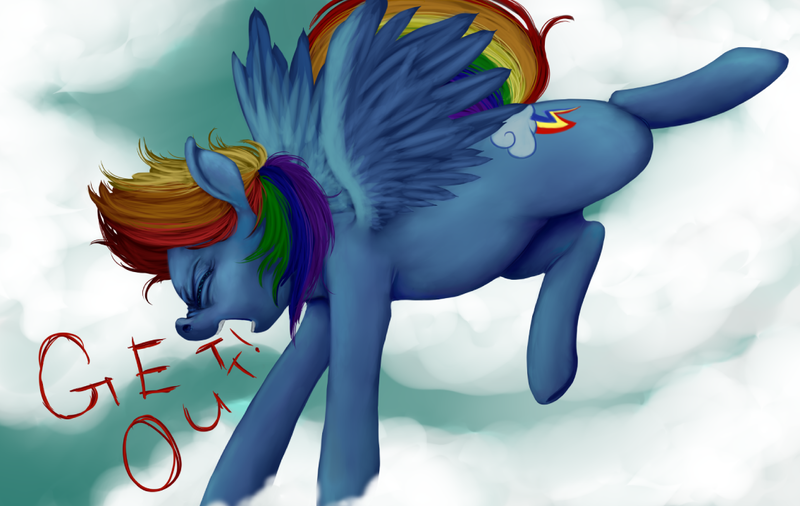 Size: 1135x718 | Tagged: artist:colorlesscupcake, get out, rainbow dash, safe, solo