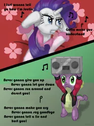 Size: 594x800 | Tagged: artist:sgolem, boombox, clothes, edit, jacket, music, never gonna give you up, rarity, rick astley, rickroll, safe, say anything, serenade, spike, stereo, youtube link
