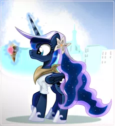 Size: 1658x1800 | Tagged: apron, artist:ruhisu, chocolate, church, clothes, flower in hair, hat, ice cream, magic, neckerchief, princess luna, safe, shirt, smiling, solo, standing, strawberry, telekinesis, vacation, vanilla