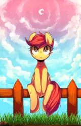 Size: 1182x1845 | Tagged: artist:maren, crescent moon, derpibooru import, fence, moon, safe, scootaloo, sitting, solo, vertigo