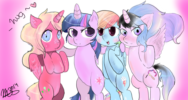 Size: 1280x678 | Tagged: safe, artist:mrscurlystyles, derpibooru import, rainbow dash, twilight sparkle, twilight sparkle (alicorn), oc, oc:art shine, oc:strawberry pie, alicorn, pegasus, pony, alicorn oc, female, hug, lesbian, mare, pink background, shipping, simple background, strawshine, twidash