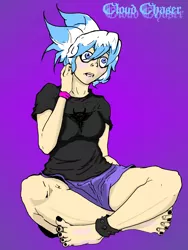 Size: 1536x2048 | Tagged: anklet, artist:forgemaster18, barefoot, blushing, clothes, cloudchaser, derpibooru import, feet, human, humanized, lip bite, nail polish, safe, shorts, sitting, solo, wide eyes