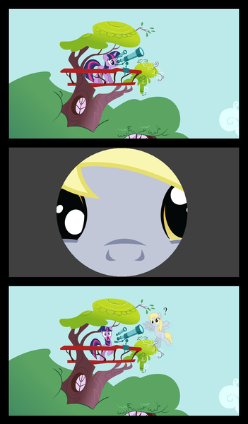 Size: 1035x1768 | Tagged: safe, derpibooru import, derpy hooves, twilight sparkle, pegasus, pony, close-up, comic, exploitable meme, face, female, mare, meme, scared, telescope, telescope meme