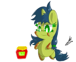 Size: 939x769 | Tagged: safe, artist:magical disaster, derpibooru import, oc, oc:magical disaster, unofficial characters only, pony, :t, bipedal, colored eyelashes, cute, eyelashes, jam, jar, messy, puffy cheeks, smiling, solo, style emulation