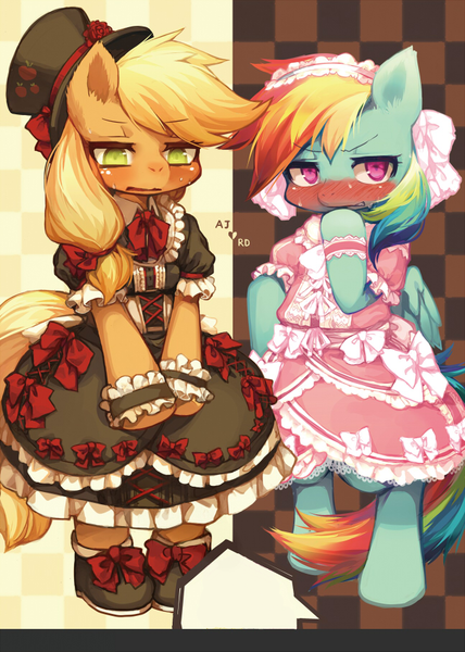 Size: 647x906 | Tagged: safe, artist:kishibe, derpibooru import, edit, applejack, rainbow dash, pony, semi-anthro, applejack also dresses in style, bipedal, blushing, clothes, cute, dashabetes, dress, dressup, ear fluff, embarrassed, fashion, frown, gothic lolita, hat, jackabetes, lolita fashion, looking at you, rainbow dash always dresses in style, ribbon, shoes, sweat, sweet lolita