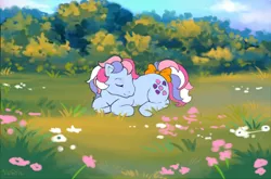 Size: 700x462 | Tagged: safe, artist:penanggalan, derpibooru import, sweet stuff, earth pony, pony, bow, cute, eyes closed, female, g1, mare, outdoors, prone, solo, sweet sweet stuff, tail bow