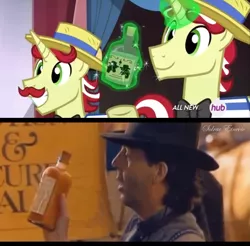 Size: 847x835 | Tagged: safe, derpibooru import, edit, edited screencap, screencap, flam, flim, human, pony, unicorn, leap of faith, bottle, comparison, facial hair, flim flam brothers, flim flam miracle curative tonic, hat, hub logo, magic, male, moustache, music, music video, paul mccartney, potion, say say say, song, stallion, telekinesis, youtube