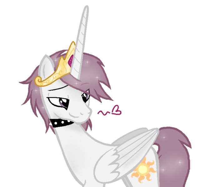 Size: 699x651 | Tagged: safe, artist:celinesparkle, derpibooru import, princess celestia, alicorn, pony, princess molestia, bedroom eyes, collar, heart, husbando, male, molaris, prince molaris, prince solaris, rule 63, sidemouth, smiling, solo, stallion, wings