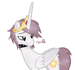 Size: 699x651 | Tagged: safe, artist:celinesparkle, derpibooru import, princess celestia, alicorn, pony, princess molestia, bedroom eyes, collar, heart, husbando, male, molaris, prince molaris, prince solaris, rule 63, sidemouth, smiling, solo, stallion, wings