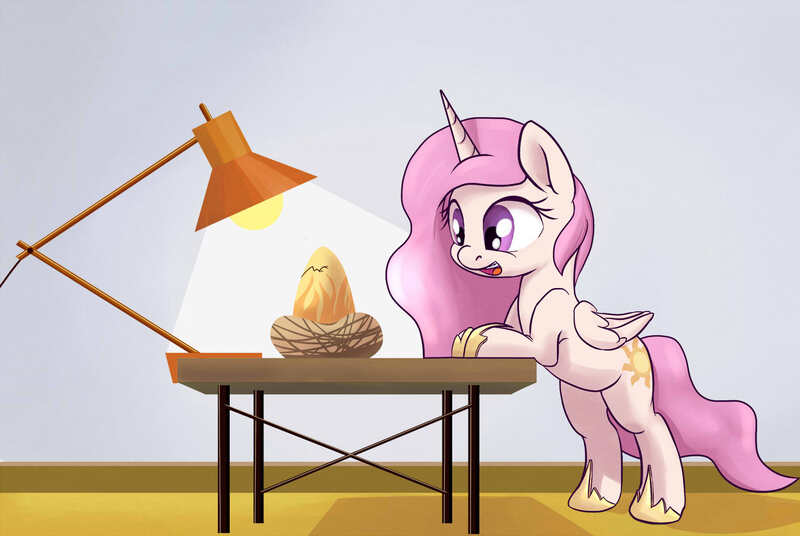 Size: 1790x1200 | Tagged: artist:postscripting, bipedal leaning, braces, cewestia, cute, cutelestia, derpibooru import, egg, filly, hatching, lamp, origin, philomena, princess celestia, safe, solo, table, younger