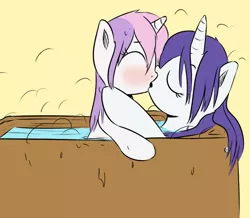 Size: 600x524 | Tagged: safe, artist:tiki2, artist:xioade, derpibooru import, rarity, sweetie belle, pony, unicorn, blushing, eyes closed, female, filly, hot tub, incest, kissing, lesbian, mare, mare on filly, raribelle, shipping, sisters, steam, wet, wet mane, wet mane rarity