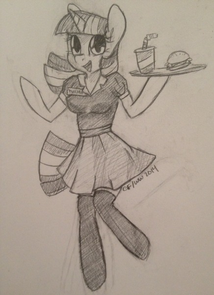 Size: 920x1265 | Tagged: anthro, artist:grayflower, clothes, derpibooru import, female, food, grayscale, monochrome, safe, solo, traditional art, twilight sparkle, waitress