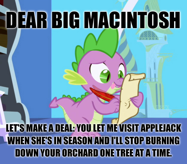 Size: 624x548 | Tagged: suggestive, derpibooru import, edit, edited screencap, screencap, spike, dragon, comic:applejack season, friendship is magic, arson, caption, exploitable meme, extortion, image macro, letter, male, meme, quill, scroll, shakedown, solo, spike's love letters, threat, tongue out