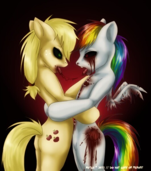 Size: 600x678 | Tagged: grimdark, questionable, artist:frugalfruit, derpibooru import, applejack, rainbow dash, pony, semi-anthro, appledash, bipedal, blood, blood trail, drool, female, kissing, lesbian, shipping, tongue out