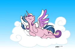 Size: 1024x663 | Tagged: safe, artist:rhjunior, derpibooru import, princess cadance, shining armor, alicorn, pony, alicornified, cloud, cuddling, eyes closed, female, good end, hooves, horn, hug, husband and wife, immortality blues no more, lying on a cloud, male, mare, on a cloud, pregnant, prince shining armor, race swap, shiningcadance, shipping, side, sleeping, smiling, snuggling, spread wings, stallion, straight, together forever, winghug, wings