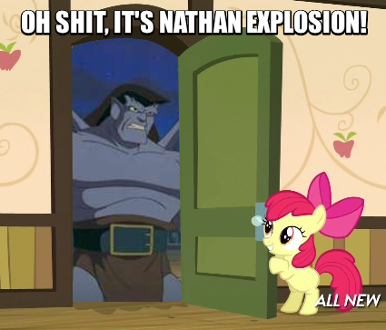 Size: 425x363 | Tagged: apple bloom, apple closet, derpibooru import, exploitable meme, gargoyles, goliath, image macro, meme, metalocalypse, nathan explosion, safe, vulgar