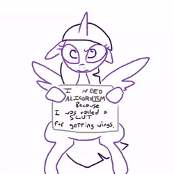 Size: 580x580 | Tagged: suggestive, artist:the weaver, derpibooru import, twilight sparkle, twilight sparkle (alicorn), alicorn, pony, bipedal, contradiction, drama, feminism sign, floppy ears, frown, glare, hoof hold, looking at you, parody, sign, simple background, solo, spread wings, text, vulgar, weaver you magnificent bastard, white background