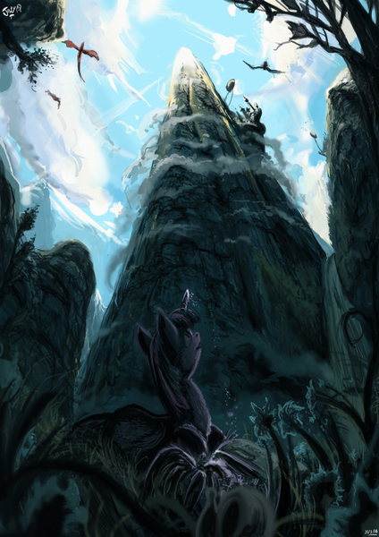 Size: 2480x3508 | Tagged: safe, artist:jowybean, derpibooru import, twilight sparkle, twilight sparkle (alicorn), alicorn, phoenix, pony, canterlot, canterlot mountain, dark, epic, female, flying, forest, mare, mountain, peak, scenery, scenery porn, solo, vertigo