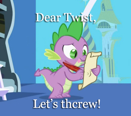 Size: 436x386 | Tagged: suggestive, derpibooru import, edit, edited screencap, screencap, spike, twist, dragon, friendship is magic, caption, exploitable meme, forced meme, letter, male, meme, quill, spike's love letters, text, tongue out