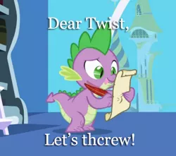 Size: 436x386 | Tagged: suggestive, derpibooru import, edit, edited screencap, screencap, spike, twist, dragon, friendship is magic, caption, exploitable meme, forced meme, letter, male, meme, quill, spike's love letters, text, tongue out