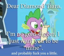 Size: 436x386 | Tagged: suggestive, derpibooru import, edit, edited screencap, screencap, diamond tiara, spike, dragon, friendship is magic, caption, exploitable meme, image macro, letter, male, meme, quill, spike's love letters, spiketiara, tongue out, vulgar