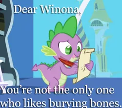 Size: 436x386 | Tagged: suggestive, derpibooru import, edit, edited screencap, screencap, spike, winona, dragon, friendship is magic, caption, exploitable meme, female, image macro, letter, male, meme, quill, shipping, spike's love letters, spinona, straight, text, tongue out