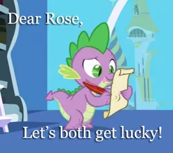 Size: 436x386 | Tagged: suggestive, derpibooru import, edit, edited screencap, screencap, roseluck, spike, dragon, friendship is magic, caption, exploitable meme, image macro, letter, male, meme, quill, spike's love letters, text, tongue out