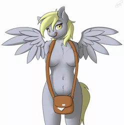 Size: 2477x2500 | Tagged: suggestive, artist:skipsy, derpibooru import, derpy hooves, anthro, bag, belly button, breasts, busty derpy hooves, female, licking lips, mailbag, messenger bag, nudity, skipsy strikes again, solo, solo female, strategically covered, tongue out, wingboner