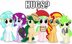 Size: 1280x800 | Tagged: safe, artist:violetclm, derpibooru import, cherry crash, drama letter, mystery mint, paisley, sunset shimmer, sweet leaf, watermelody, ponified, pony, equestria girls, background human, beret, blushing, bronybait, caption, clothes, earring, equestria girls ponified, free hugs, hat, heart eyes, hug request, knife, necklace, scarf, shimmer six, simple background, white background, wingding eyes
