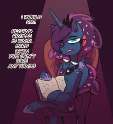 Size: 500x549 | Tagged: armchair, artist:herny, braille, chair, derpibooru import, dialogue, glasses, lidded eyes, looking at you, luna-afterdark, open mouth, princess luna, safe, sitting, solo, spread wings, tumblr