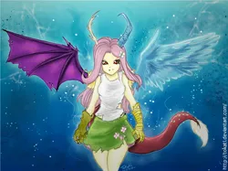 Size: 2668x1996 | Tagged: safe, artist:tokatl, derpibooru import, fluttershy, draconequus, equestria girls, blue background, chaos, clawed humanization, clothes, disshy, draconequified, female, flutterequus, humanized, mismatched wings, simple background, skirt, solo, species swap, tailed humanization, tanktop, torn clothes, winged humanization