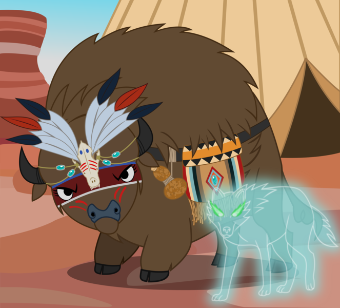 Size: 3418x3092 | Tagged: safe, artist:cheezedoodle96, derpibooru import, oc, oc:kohana, oc:laughing water, unofficial characters only, buffalo, ghost, wolf, bag, buffalo oc, canteen, dungeons and dragons, fantasy class, gourd, headdress, roleplaying, shaman, skull, spirit, spirit animal, vector, war paint