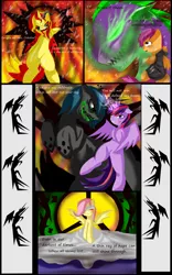 Size: 2884x4622 | Tagged: semi-grimdark, artist:mad-mutt, derpibooru import, fluttershy, queen chrysalis, scootaloo, spike, sunset shimmer, twilight sparkle, twilight sparkle (alicorn), alicorn, demon, pony, bandage, blind, blindfold, blood, female, glowing eyes, mare, monster, older, older spike, sunset satan