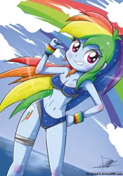 Size: 739x1055 | Tagged: suggestive, artist:the-butch-x, derpibooru import, rainbow dash, equestria girls, adorasexy, armpits, athletic tape, bandeau, beach, belly button, bicolor swimsuit, bikini, blue swimsuit, blushing, breasts, busty rainbow dash, cleavage, clothes, curvy, cute, cutie mark, cutie mark on equestria girl, dashabetes, female, grin, hand on hip, ocean, rainbow, rainbowhips, sexy, smiling, smirk, solo, solo female, sweatband, swimsuit, underass, water, wide hips, wristband, x summer