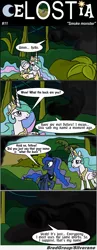 Size: 1300x3341 | Tagged: safe, artist:bredgroup, derpibooru import, princess celestia, princess luna, alicorn, pony, comic:celostia, :o, bandage, comic, female, frown, injured, injured wing, looking back, lost, mare, open mouth, prone, raised hoof, smoke monster, speech bubble, text, translation, wide eyes