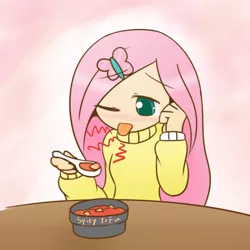 Size: 1878x1878 | Tagged: safe, artist:howxu, derpibooru import, fluttershy, human, :p, blushing, clothes, cute, eating, food, gradient background, humanized, one eye closed, solo, soup, spicy, spoon, sweater, sweatershy, tofu (food), tongue out, wink