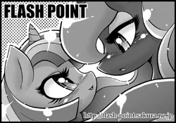 Size: 700x490 | Tagged: artist:aoi takayuki, circle, derpibooru import, female, grayscale, lesbian, monochrome, pixiv, princess luna, safe, shipping, twilight sparkle, twiluna