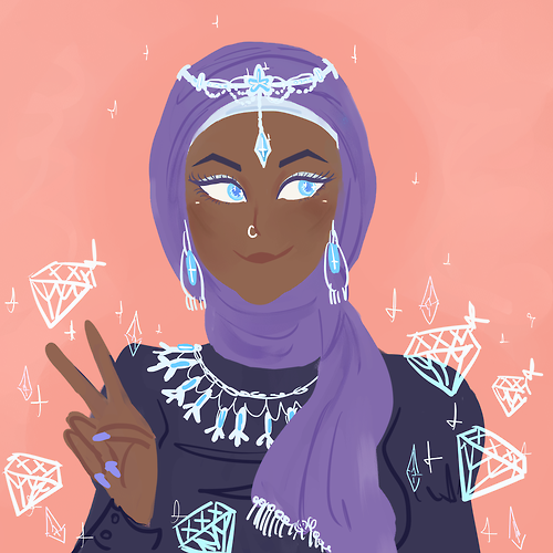 Size: 500x500 | Tagged: artist:cr33pycrawly, blushing, dark skin, derpibooru import, diamond, ear piercing, earring, eyeshadow, female, hijab, human, humanized, islam, jewelry, makeup, nail polish, nose piercing, peace sign, piercing, pink background, rarity, safe, simple background, smiling, solo, sparkles