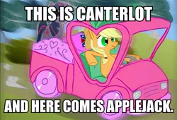 Size: 741x503 | Tagged: safe, artist:slagmalsklubben, derpibooru import, applejack, earth pony, pony, unicorn, applejack truck, cardboard cutout, cardboard twilight, confederate flag, driving, female, image macro, impact font, mare, meme, solo, the beverly hillbillies